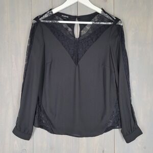 Bebe Lace Panel Blouse Women XS Black Long Sleeve V-Neck Top Whimsigoth Fairy